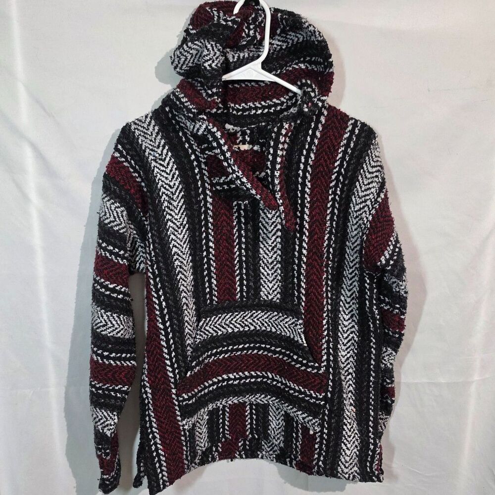Earth Ragz Baja Hoodie Pullover Sweater Black Maroon White Striped Medium M